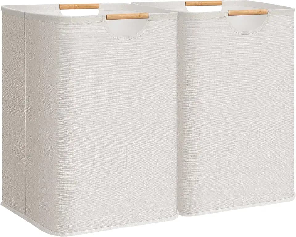 STORAGE MANIAC 2-Pack Collapsible Laundry Hamper with Bamboo Handles, White