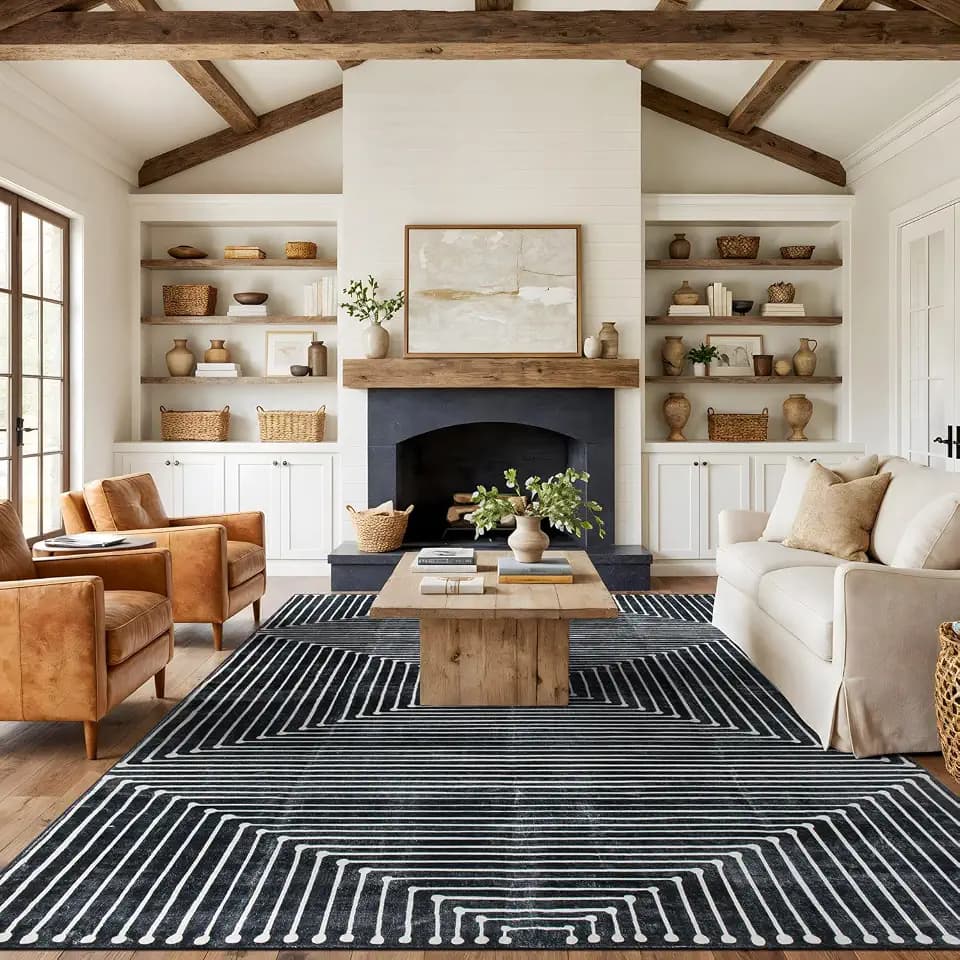 Rugshop Bohemian Stripes Marbella Non-Slip Washable Area Rug Black 8' x 10'