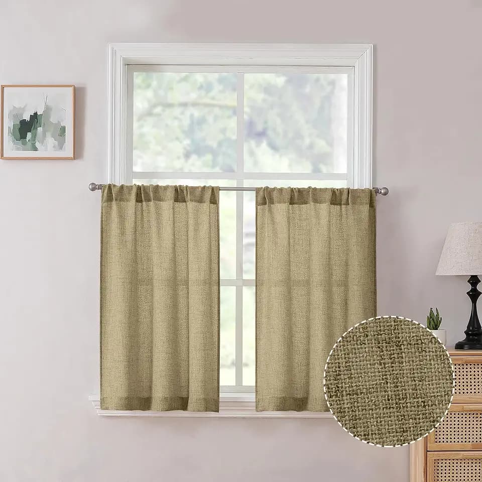 Tollpiz Linen Tier Curtain Rod Pocket Semi Sheer Half Kitchen Curtains Burlap Light Filtering Thick Linen Drape for Bathroom, 30 x 36 inches Long, Taupe, Set of 2 Panels