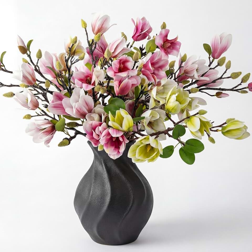 Janinka 8 Pcs Artificial Magnolia Flowers Stem for Spring Decoration Faux Fake Flora Stems Beautiful Magnolia Office Hotel Home Decor Accent Pieces(No Pot)(Pink,Green)