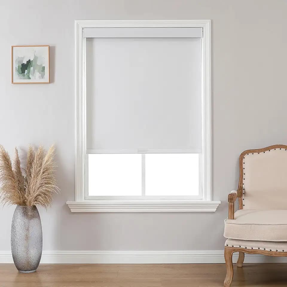 Joydeco 100% Blackout Roller Shades (Pro), Free-Stop Cordless Blinds for Windows, UV Protection, Natural Woven Blinds for Home and Office, Light-Proof Aluminum Cover (White, 44" W x 75" H)