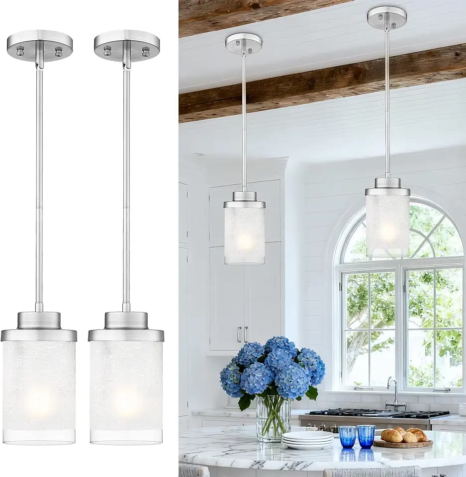 TENGXIN 2 Pack Brushed Nickel Pendant Lights Kitchen Island, Frosted Glass