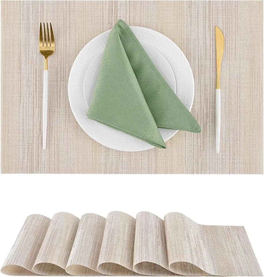 Lightsteel Beige with Yellow Placemats Set of 6 - Heat Resistant Non-Slip Place mats for Dining Table, Washable Durable PVC Vinyl Woven Table Mats (Lightsteel Beige with Yellow, 6)