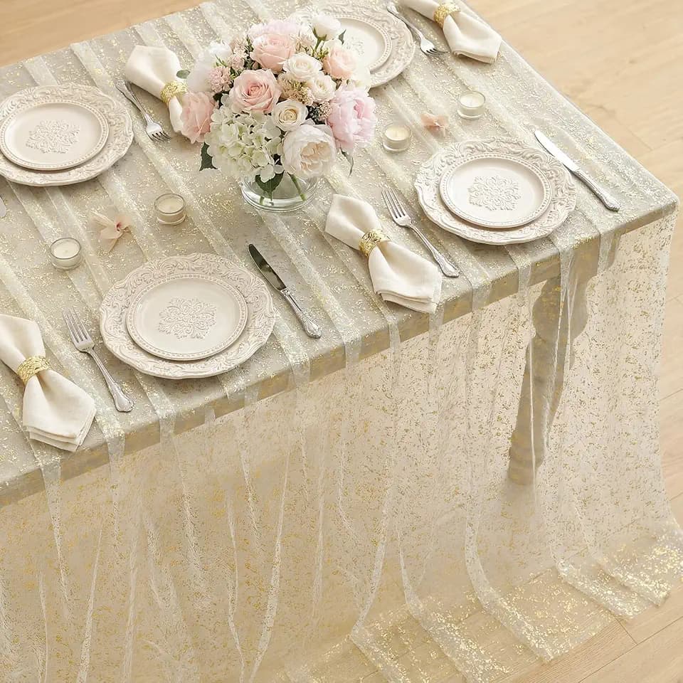 Horaldaily Apricot Gauze Tablecloth 60x140 Inch Rectangular, Golden Sequin Glitter Metallic Foil, Sheer Tulle Cheesecloth for Wedding Baby Shower Ceremony Birthday