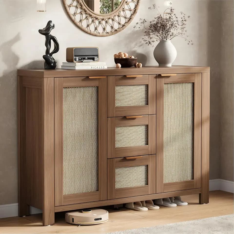 IDEAHOUSE Boho Buffet Sideboard with 3 Drawers, 51" Kitchen Storage Cabinet with Adjustable Shelves, Natural Coffee Bar Cabinet for Dining Room, Living Room, Entryway, Light Oak/Dark Oak