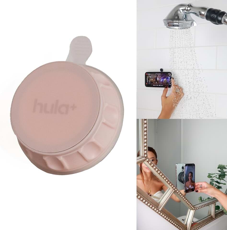 hula+ MagSafe Phone Holder Portable Mount, Reusable Stand for Shower, Mirror, Kitchen, Window, & Bathroom Compatible with MagSafe Adjustable Rotation for Content, TikTok & Music (Mini (Light Pink))