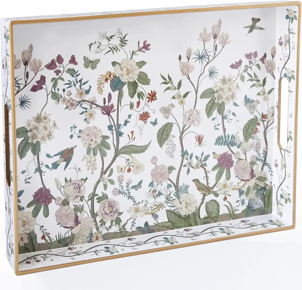 Serving Tray with Handles, Rectangular Plastic Tray 15.75x11.81 Inch, Floral Art with Peony, Hydrangea, Magnolia & Magpie Style Decorative Tray for Kitchen, Dining Table, Vanity, Office & Home