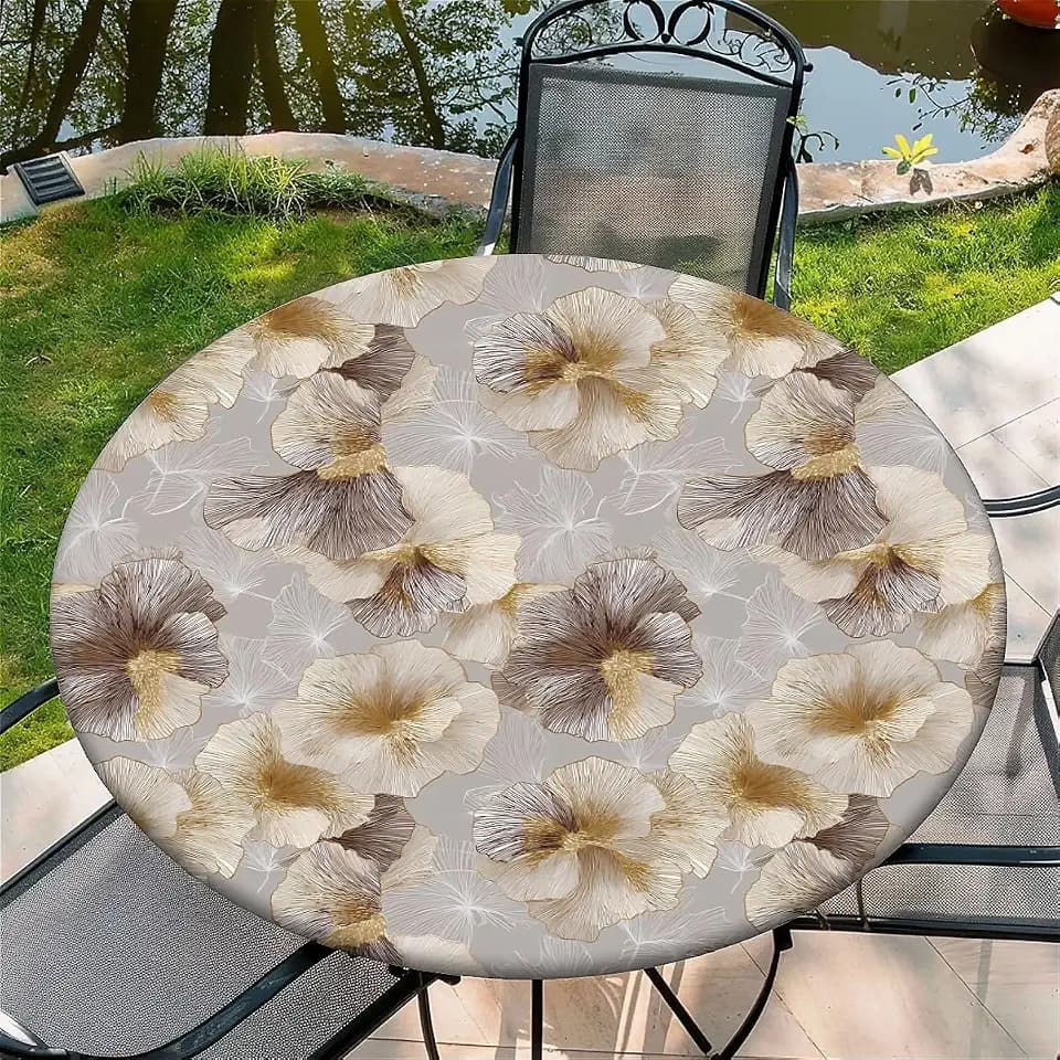 Round Fitted Tablecloth with Elastic Edge Design Table Cover Waterproof Table Cloth Stain-Resistant for 49"-52" Round Table for Dining, Picnic, Party, Decor, Outdoor, Hibiscus Beige