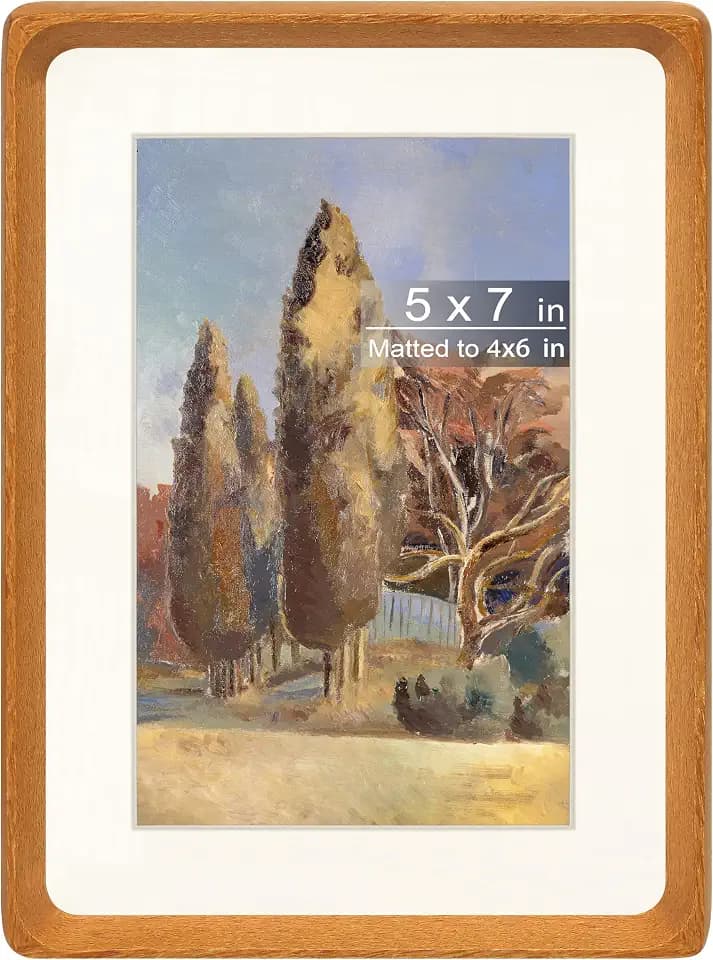 5x7 Picture Frame with Mat for 4x6, Natural Teak Wood Handcrafted Rounded Corner with Real Glass, Vertical or Horizontal Display Photo Gallery Wall & Tabletop Frame
