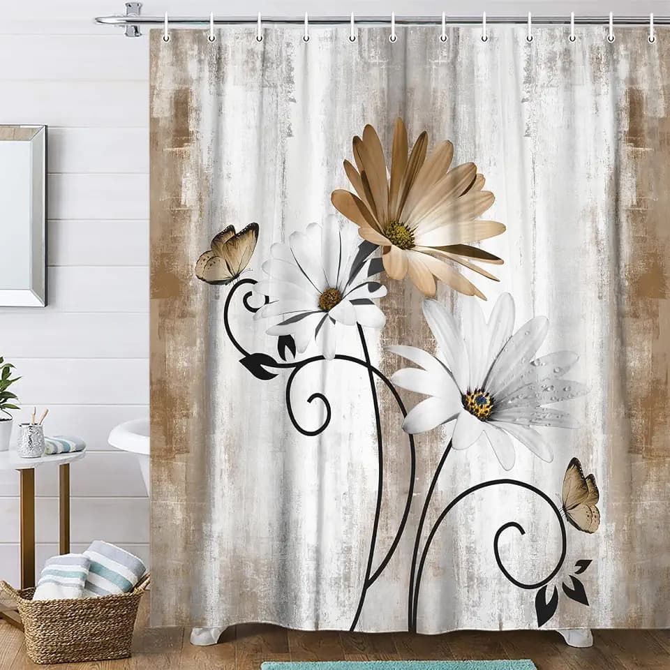 Rustic Farmhouse Shower Curtain, Farm Tan Cream Daisy Floral Flowers and Butterfly on Country Wooden Shower Curtain for Bathroom, Beige Brown Shower Curtain with 12PCS Hooks, 70X75IN