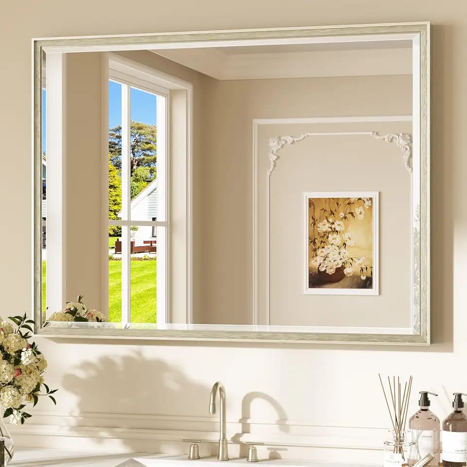 Keonjinn 40" x 30" Brushed Nickel Bathroom Vanity Mirror, HD Tempered Glass