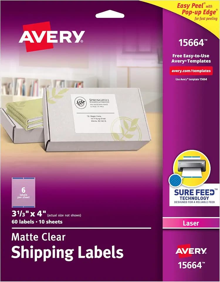Avery Printable Shipping Labels, Sure Feed Technology, 3-1/3" x 4", Matte Clear, 60 Blank Mailing Labels (15664)