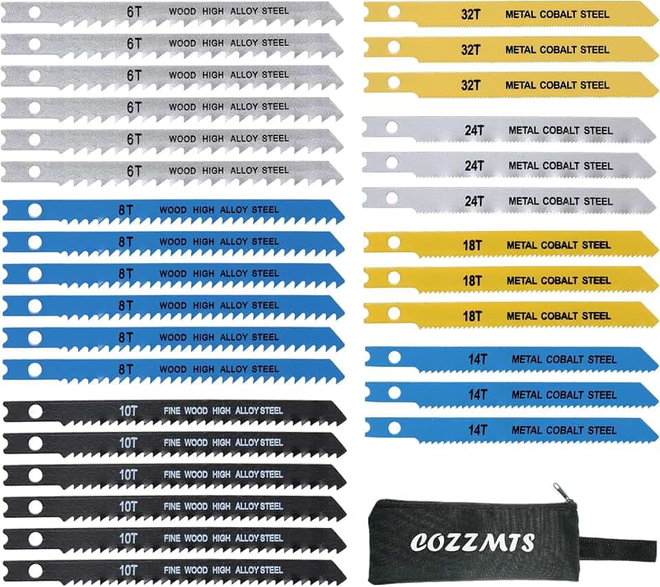 30PCS U-Shank Jig Saw Blade Set for Wood Plastic Metal Cutting Compatible with Bosch DEWALT SKIL Black and Decker Jigsaw Blades U Shank Includes 6T 8T 10T 14T 18T 24T 32T with 420D Zipper Bag