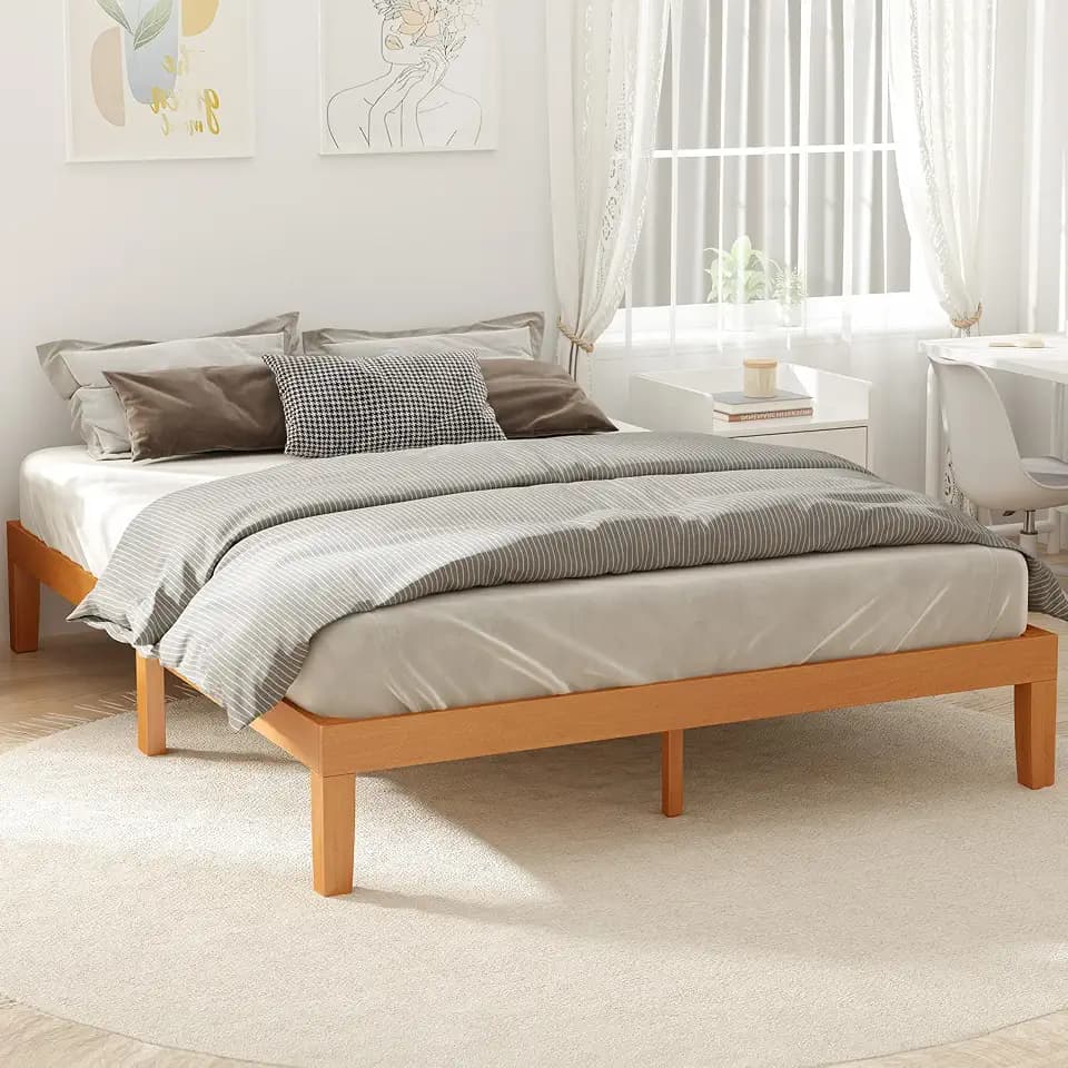 DUMOS Solid Wood Bed Frame, Queen Size Bed Base with Wooden Slat Support, Sturdy, Stylish & Noise-Free Design, No Box Spring Needed, Easy Assembly, 12 in Natural Pine