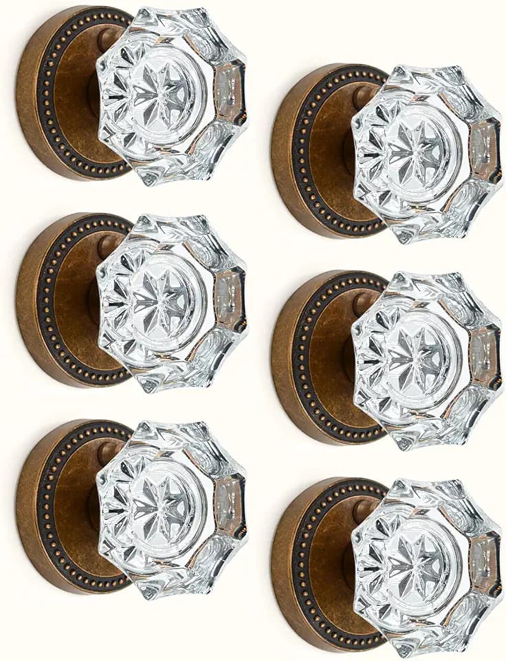 Asidrama 6 Pack Antique Brass Privacy Crystal Door Knobs