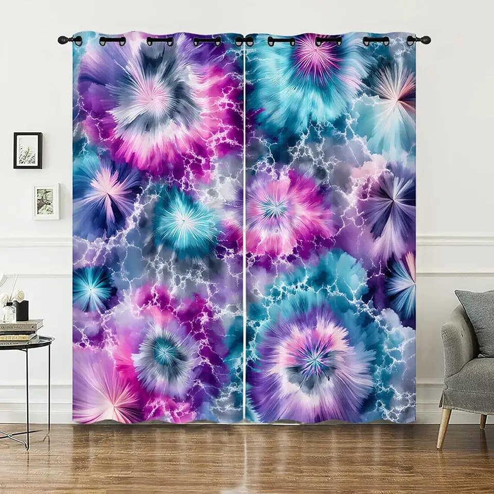 AILONEN Colorful Tie Dye Decorative Window Curtain for Kids Girls,Bohemian Art Style Watercolor Curtain Tiers,Trippy Hippie Window Treatments Drapes for Bedroom Living Room, 52" W x 63" H2 Panels