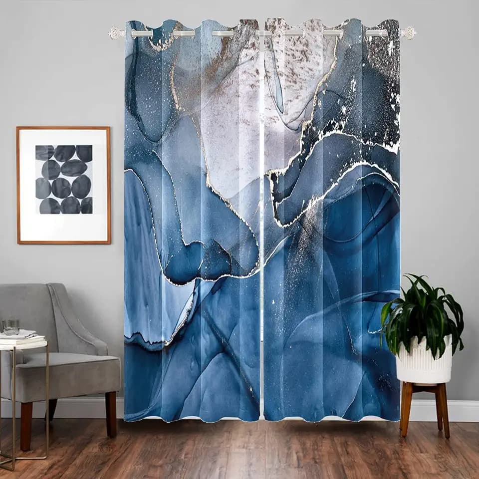 Navy Blue Marble Texture Blackout Window Curtains Luxury Marble Gold Cracks Darkenig Drapes with Grommets Modern Abstract Fashion Window Decoration 2 Panels,42x84 Inch