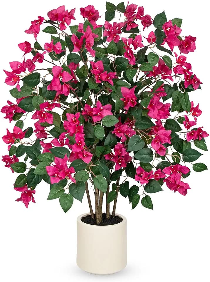 Briful 35.4in Artificial Bougainvillea Floral Tree in White Pot, Hot Pink Large Silk Flower Tree Faux Potted Tree for Indoor Outdoor Home Office Garden Wedding Party Decor