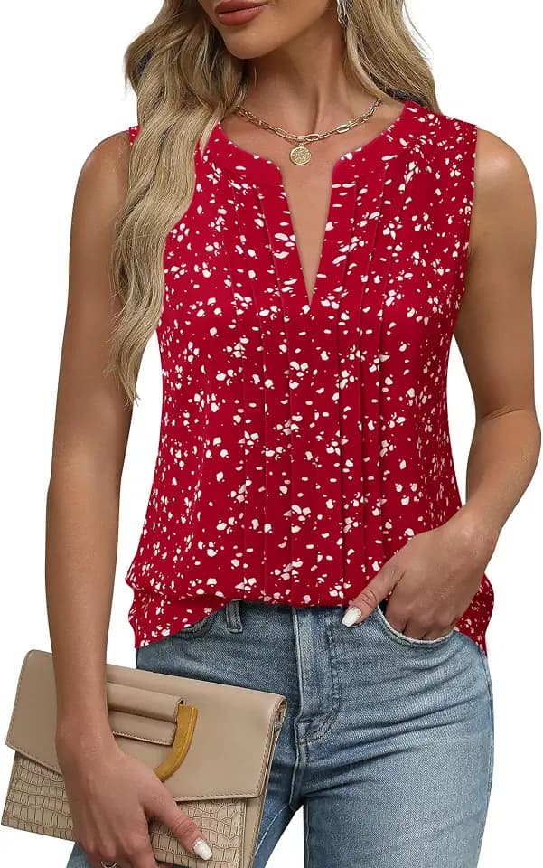 Gaharu Sleeveless Chiffon Tank Tops for Women Dressy V Neck Blouses Work Pleated Shirt