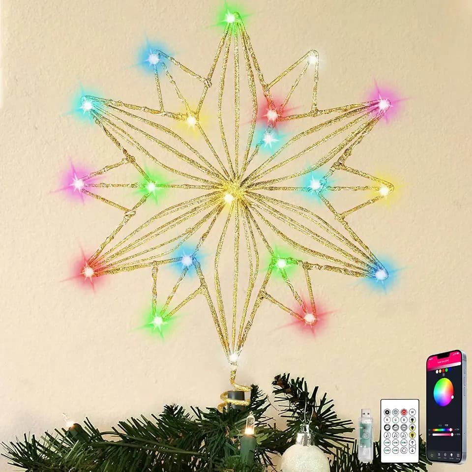 8-Inch Christmas Tree Star Topper, Smart RGB Color Changing Lighted Tree Topper with 20 LED Lights, App & Remote Control, Music Sync, USB-Powered Glitter Hollow Star for Indoor Holiday Decor