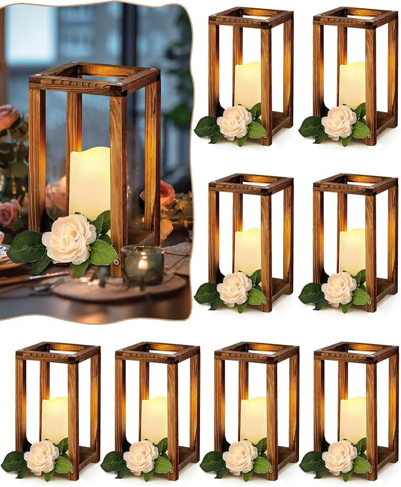 Huquary 16Pcs Wooden Wedding Lantern Centerpiece Rustic Wood Lantern, Brown