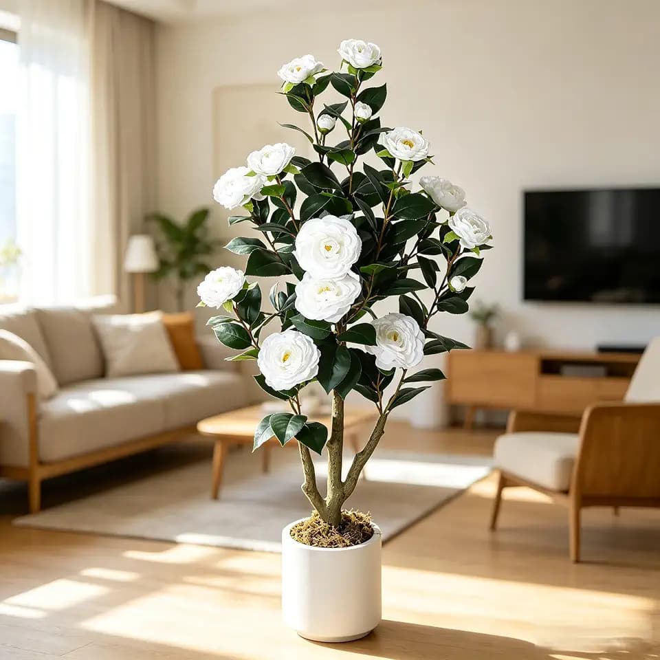 Artificial Camellia Tree in Pot, Faux Camellia Plant with White Silk Flowers, Realistic Fake Tree for Home, Office, Living Room, Patio, Balcony, Wedding & Event Decor, 3FT