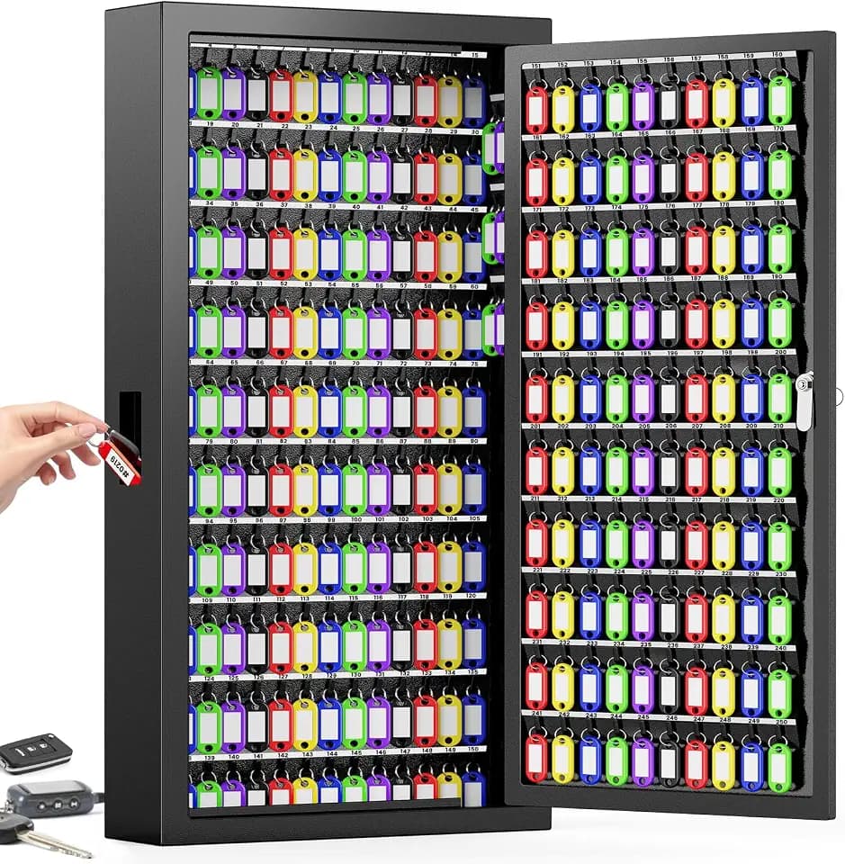 250 Keys Key Lock Box Wall Mount with Additional 24 Side Hooks and Key Tags