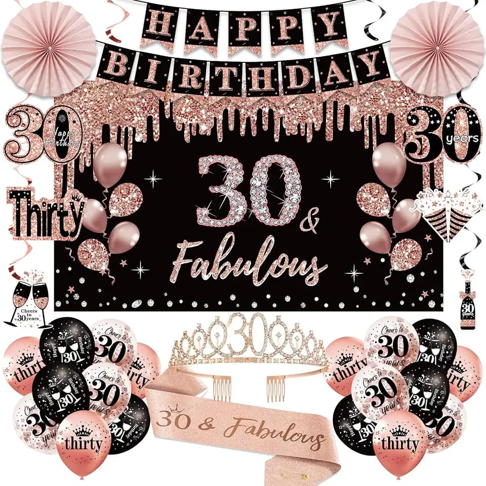 30th Birthday Decorations for Women, Happy 30th Birthday Banner Crown Sash