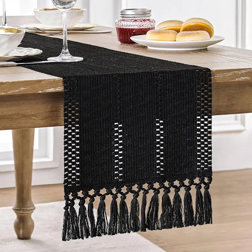 ZeeMart Macrame Style Boho Table Runner, 12x36 Inch Black