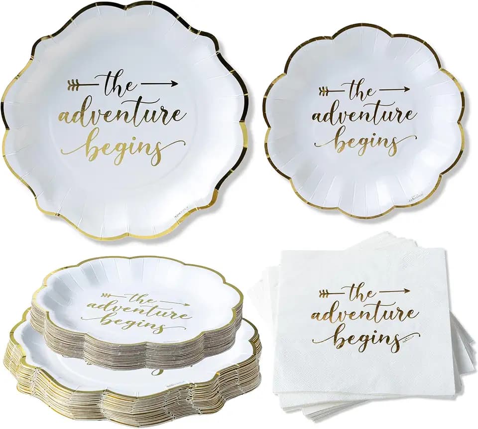 Kate Aspen The Adventure Begins Wedding Paper Plates and Napkins Set - 72 Piece Wedding Plates Disposable Party Tableware for 24 Guests - Bridal Shower Decorations, Engagement Party Decor