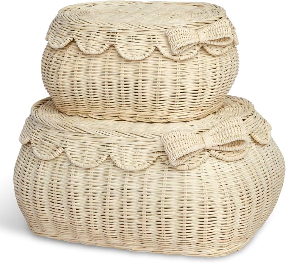BEBE BASK Original Scalloped Bow Basket with Lid - Set of 2 (15x11x6 In)