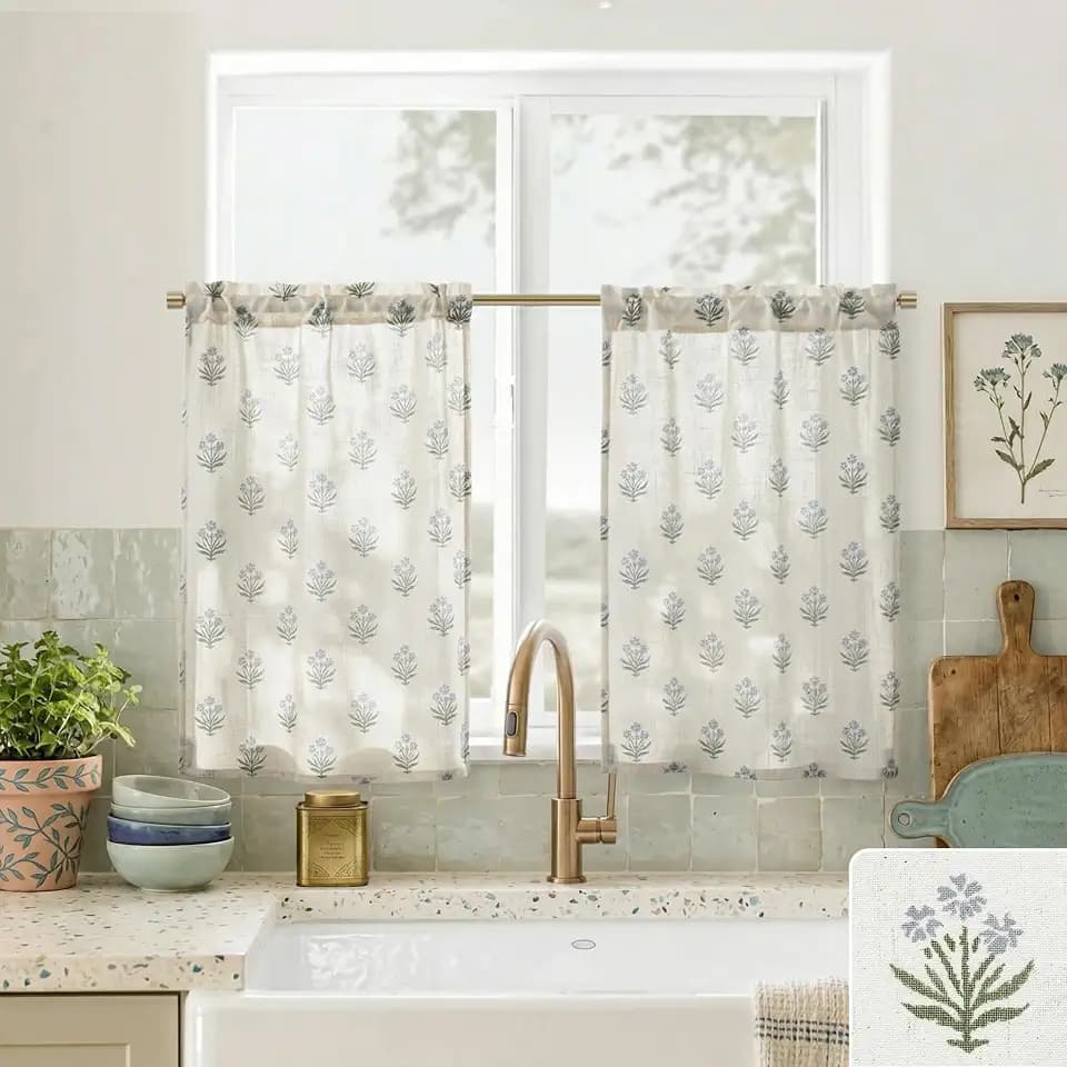 Lino Rosa Kitchen Window Curtains Over Sink,Small Floral Farmhouse Cafe Curtains 24 Inch Length Sets for Windows