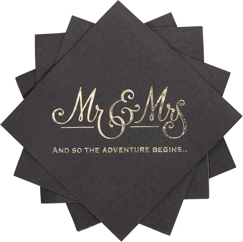 Wedding Napkins Disposable 100 PCS, Gold Foil Mr and Mrs Paper Cocktail Napkins for Wedding Dinner Party, 3-Ply, Black
