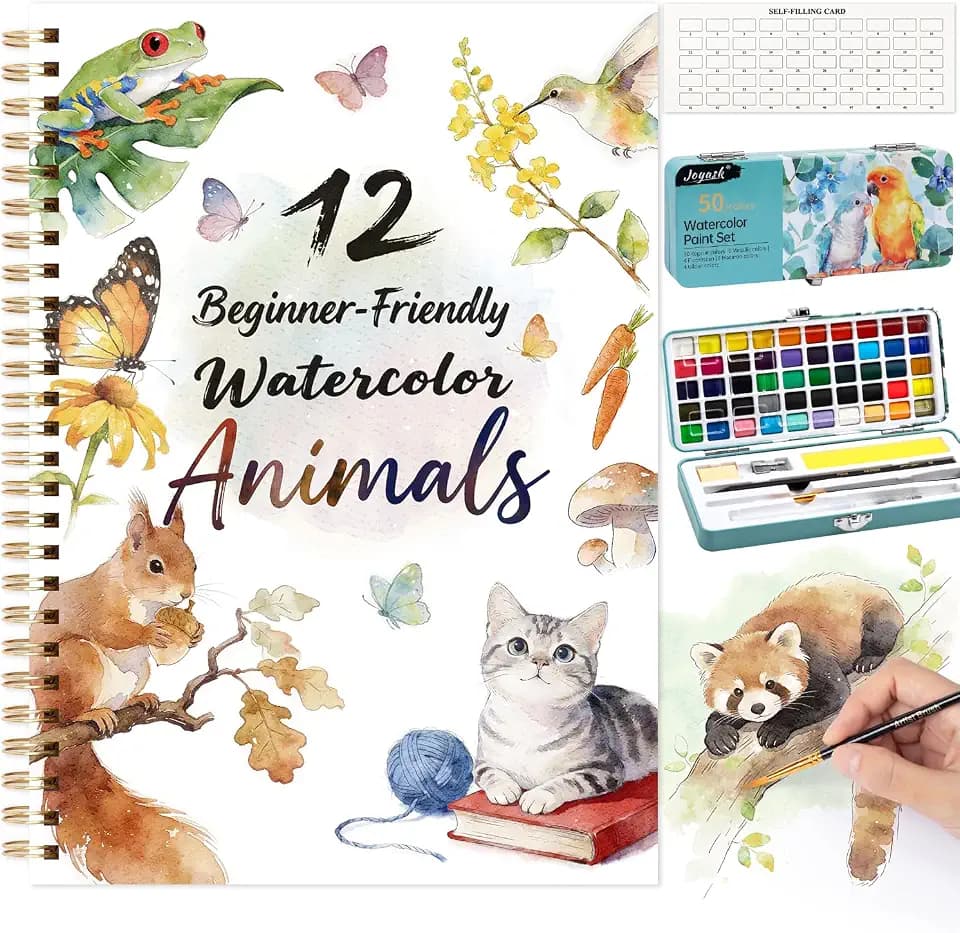 Watercolor Workbook with 12 Animal Patterns, 50 Colors Watercolor Paint Set