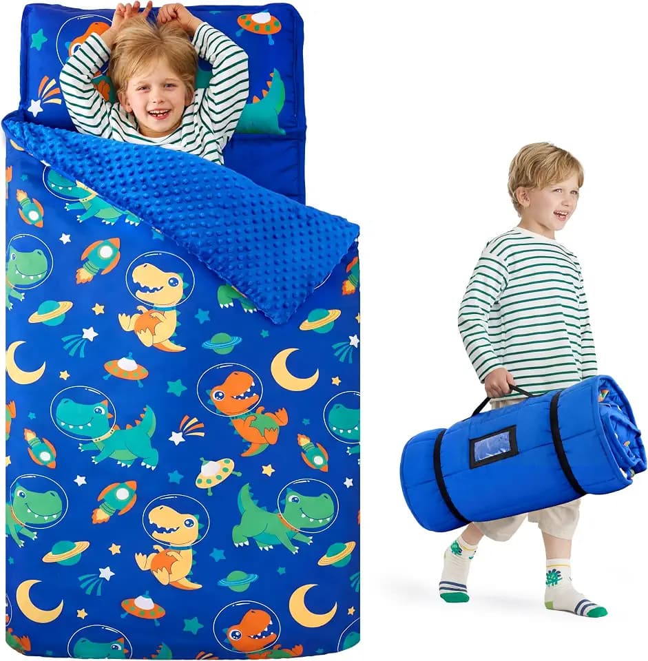 JOIEDOMI Toddler Nap Mat with Removable Pillow and Minky Blanket 55''x30'' Kids Sleeping Bag for Boys and Girls Ages 3-6 Roll Up Soft Nap Mats for Preschool Kindergarten Daycare Sleepover