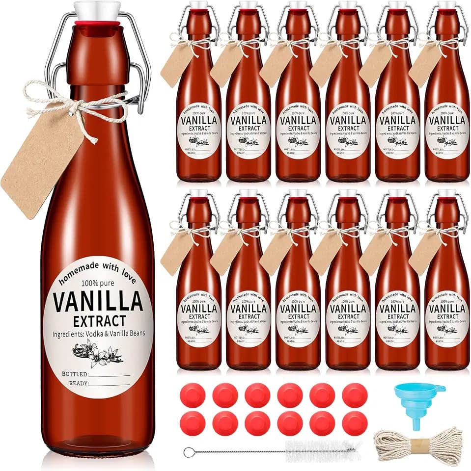 Vesici 12 Sets Amber Swing Top Glass Bottles Vanilla Extract, 12 oz