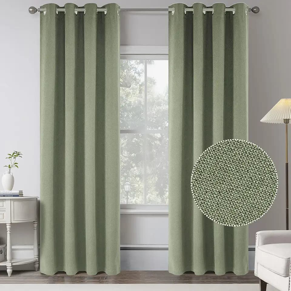 KEQIAOSUOCAI Sage Green 100% Blackout Linen Curtains 102 Inches Long 2 Panels for Bedroom,Modern Farmhouse Full Black Out Room Darkening Blackout Curtains 102 Inch Length Floor to Ceiling Curtains