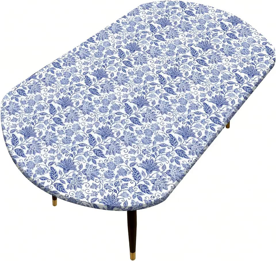 Pioggia Oval Vinyl Fitted Tablecloth with Flannel Backing Elastic Table Cloth Waterproof Oil-Proof Plastic Table Cover Best for Up to 48" x 68"