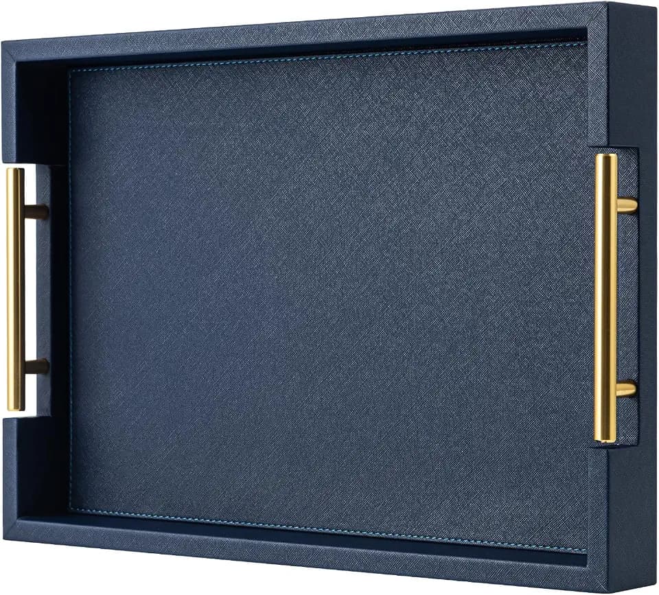 Navy Blue Faux Leather Serving Coffee Tray with Gold Handles,Rectangle Decorative Trays for Home Decor Large Ottoman Tray for Living Room
