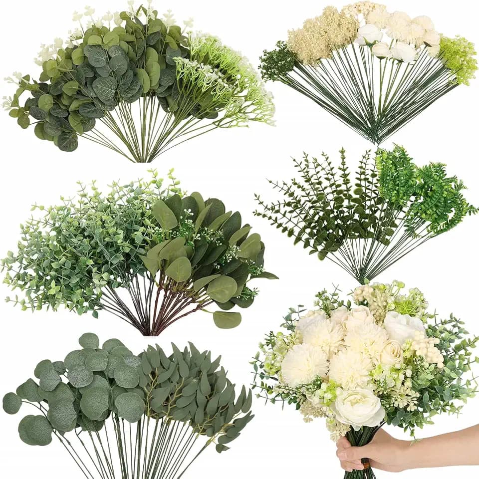 Dexpinzo 120 Pcs Mixed Artificial Eucalyptus Stems Flowers Bulk, 15 Kinds