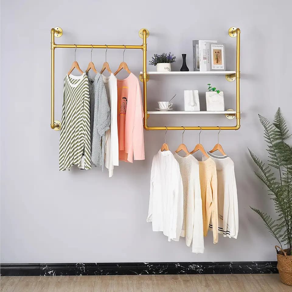 Industrial Pipe Clothing Rack Wall Mounted with 2 Wood Shelves, Heavy Duty Double Rod Garment Rack for Bedroom, Laundry Room & Retail Store, Gold, 59 Inch