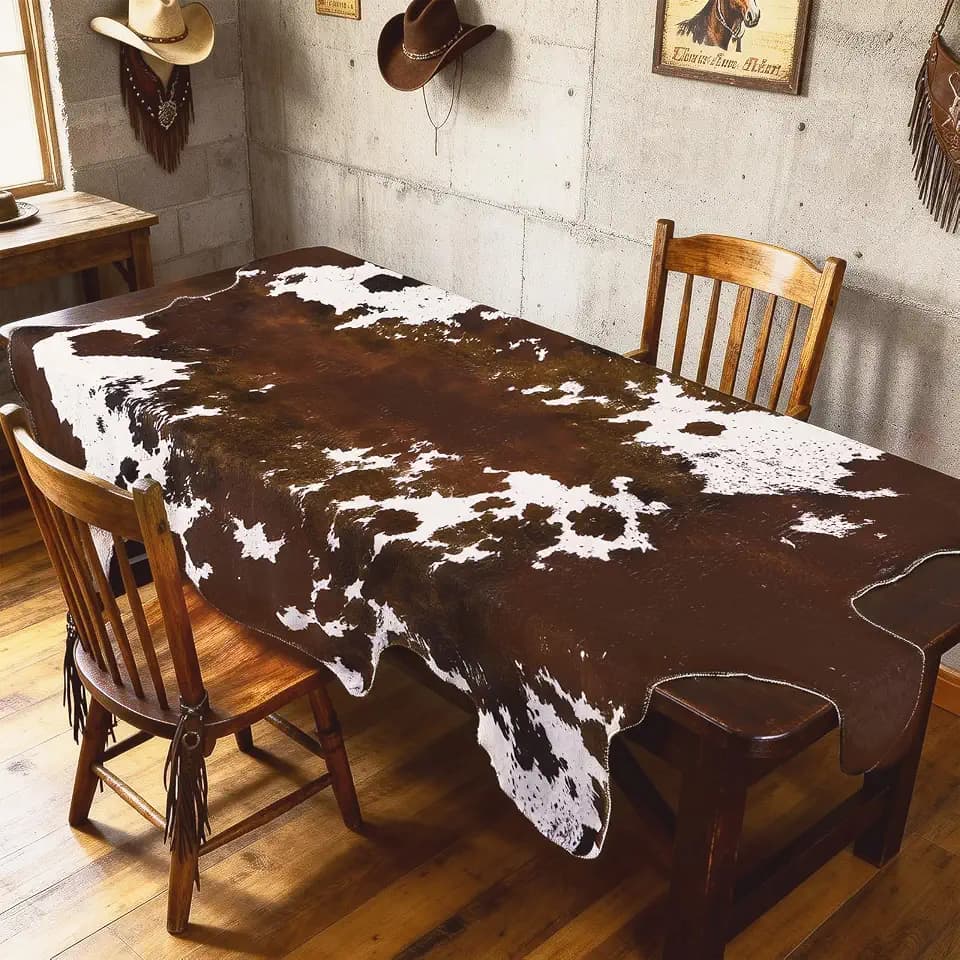 Tegeme 59 x 35 Inches Cowhide Tablecloth Highland Cow Birthday Decorations Cow Print Western Party Decorations Brown White Kitchen Decor Table Cover for Cowboy Country Wedding Decor