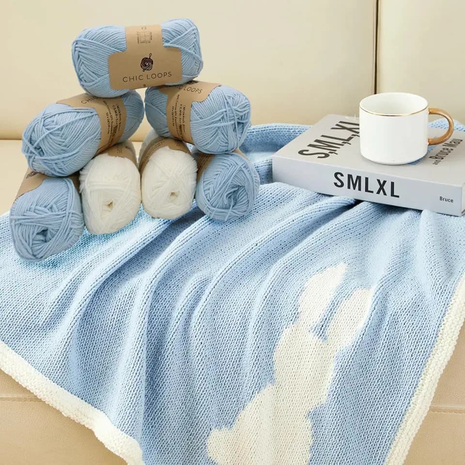 Chic Loops Knitting Kit for Experienced Knitter, Knitting Baby Blanket Kit for Adults, Knit Soft and Cozy Bunny Baby Blanket with Instruction(Ice Blue)