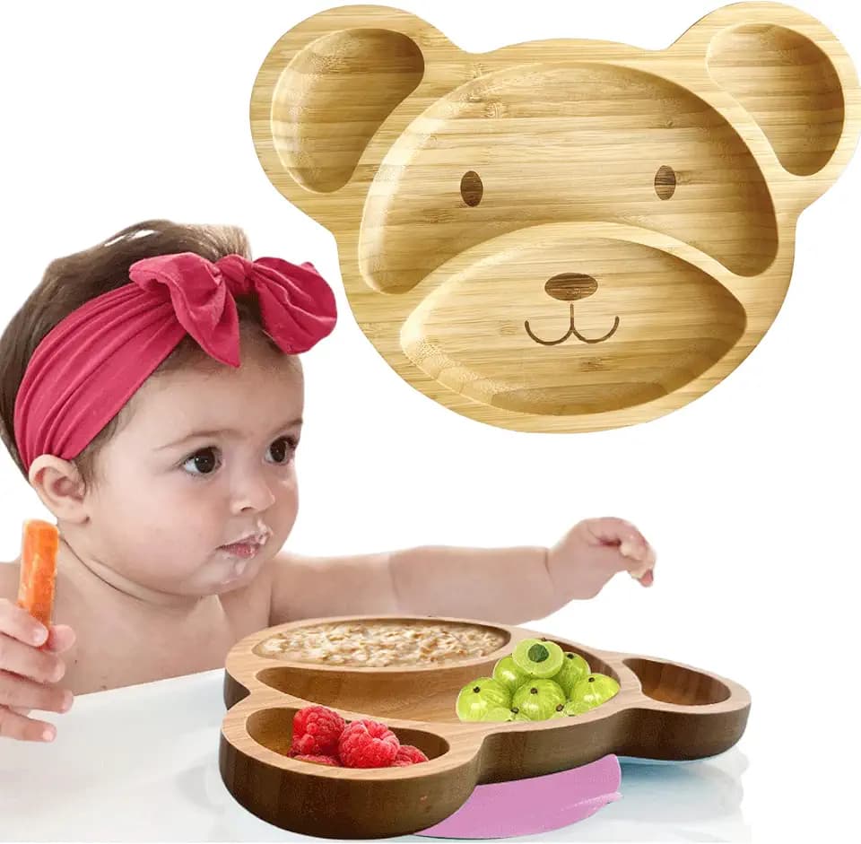 Bamboo Plates for Kids - Baby & Toddler Plates with Suction for Feeding & Weaning, Eco-Friendly Bear Design Promotes Self-Feeding, Ideal for Busy Moms & Dads, Sturdy & BPA-Free (Pink)