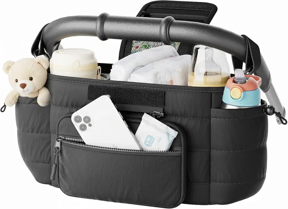 Stroller Caddy Organizer with Cup Holder & Detachable Phone Bag, Black