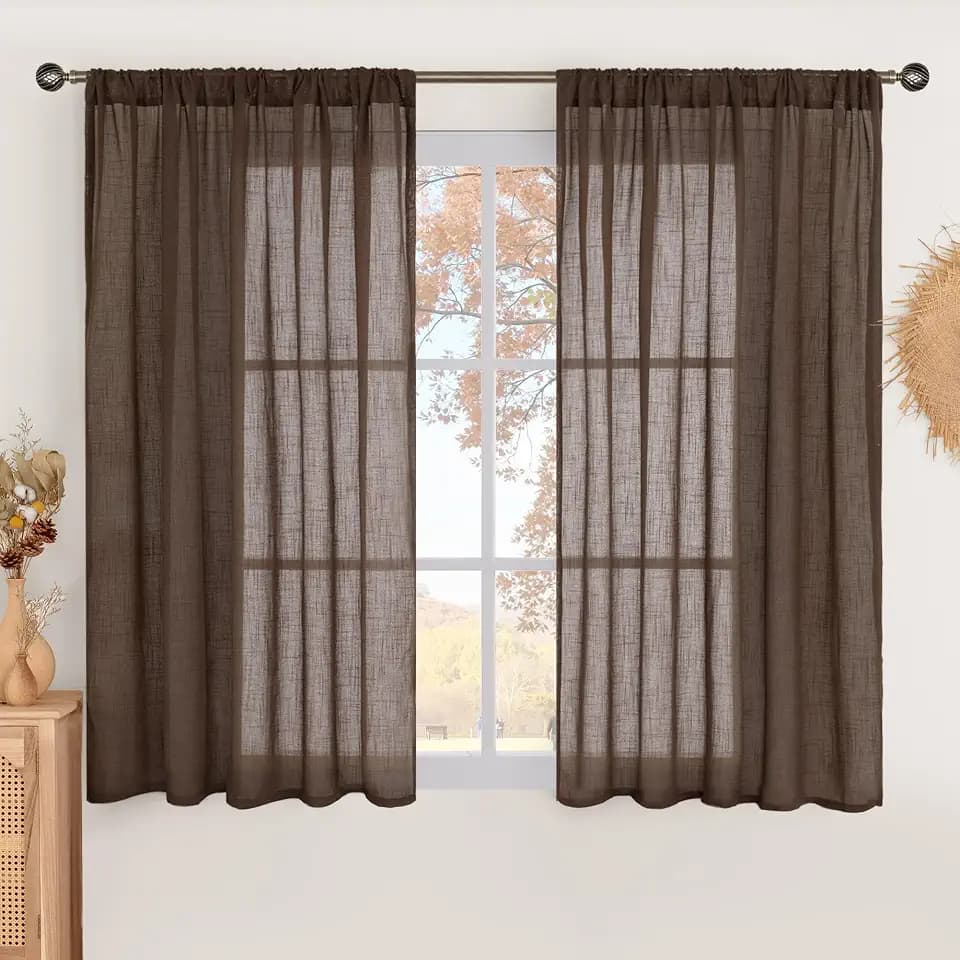 BGment Brown Linen Curtains 48 Inch Length for Short Window, Semi Sheer Drapes for Bedroom Living Room Decor Lightweight Rustic Textured Rod Pocket, 2 Panels Set, Each 42 Inch Wide