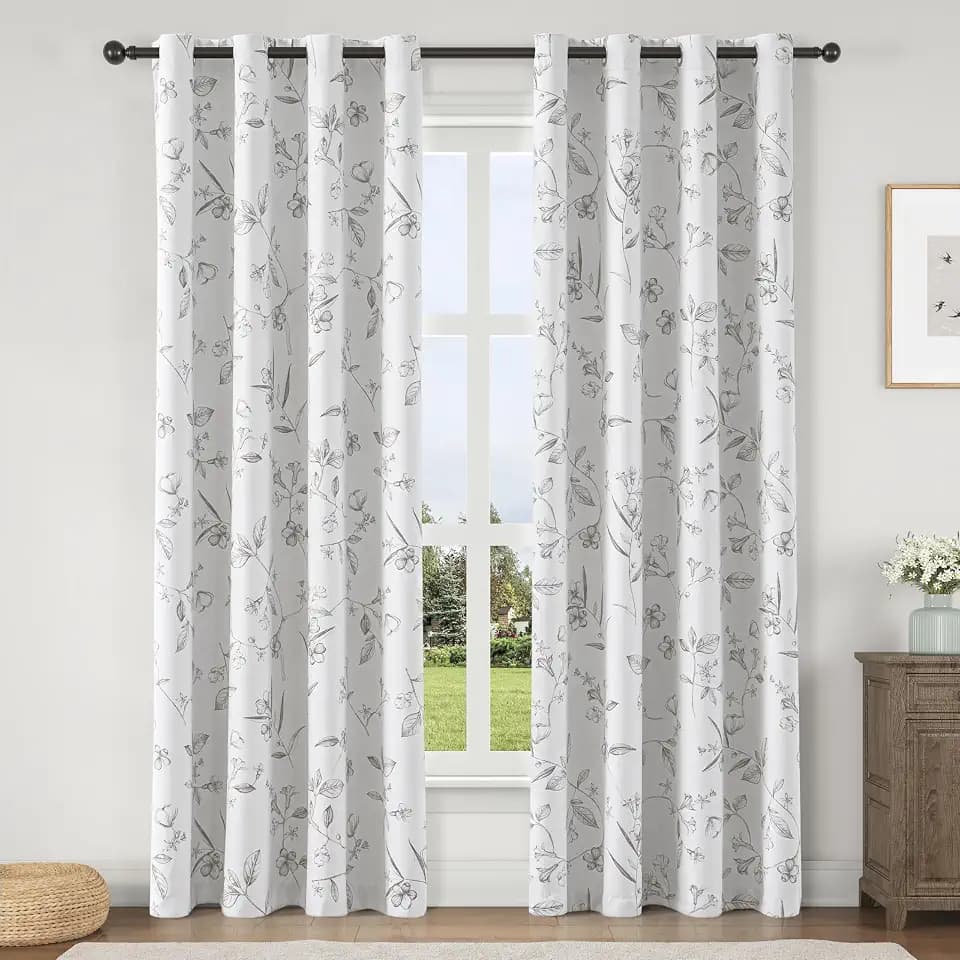 ChrisDowa 100% Grey Blackout Floral Curtains 72 Inches Long 2 Panels