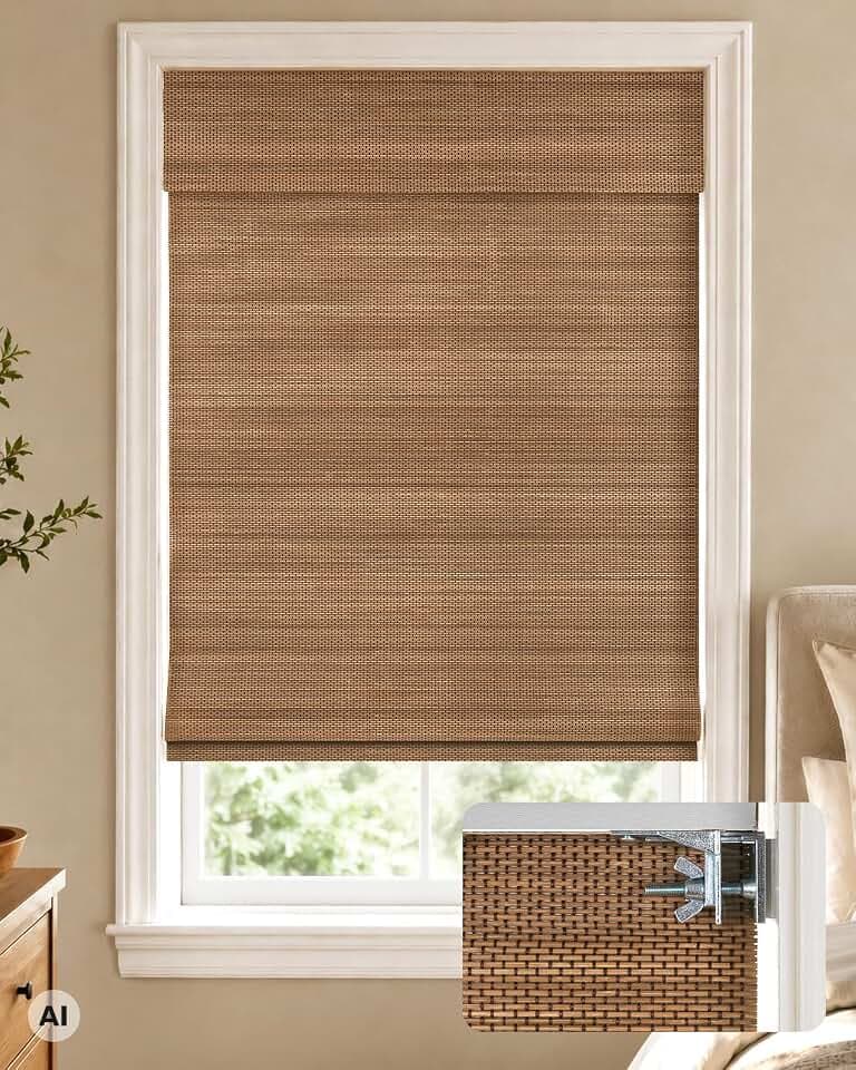 LazBlinds 100% Blackout No Drill Bamboo Roman Shades, Cordless Bamboo Blinds for Indoor Windows, Room Darkening Shades for Home & Patio, Thermal Insulated, Acron, 30" W x 48" H