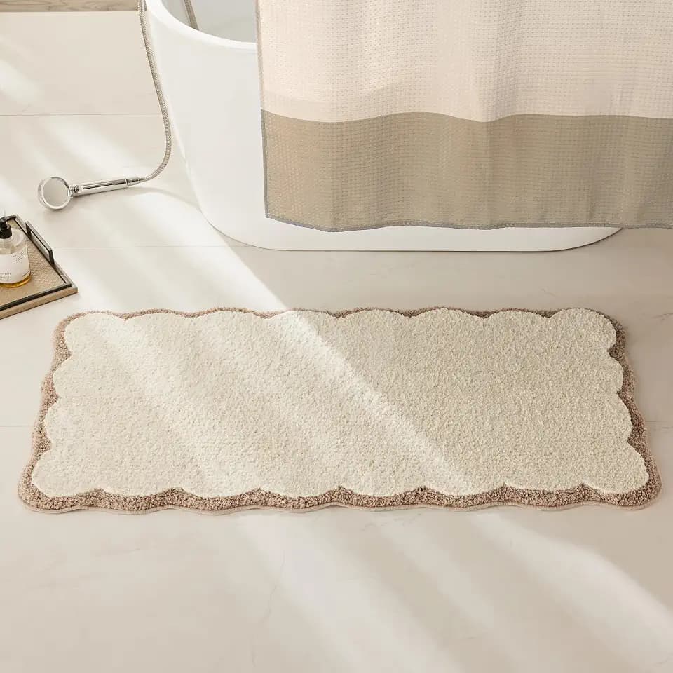 Ohocut Luxury Microfiber Scalloped Runner Rug, Beige Sand Scalloped Piping Long Bathroom Rug Boho Farmhouse Bath Mat for Bathroom, Tub, Sink, Shower, Anti Slip, Extra Soft, Absorbent, 47x24