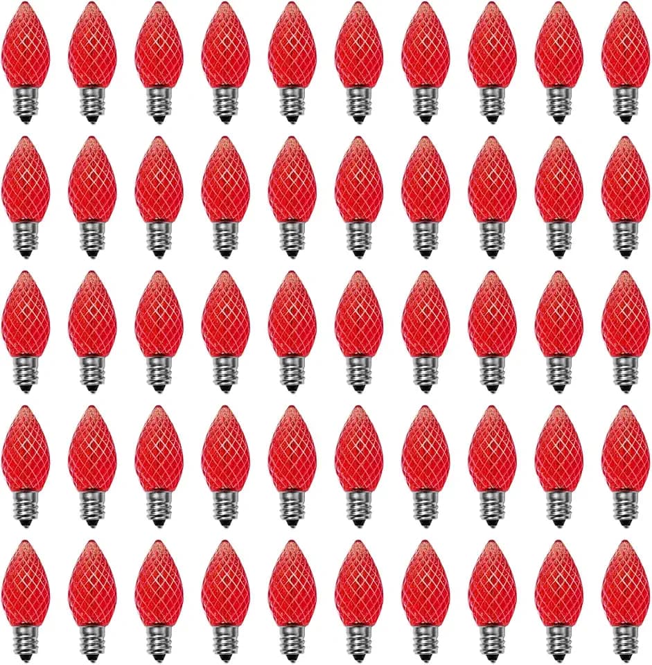 Meconard 50 Pack C7 Faceted LED Christmas Light Bulbs, E12 Base, Red